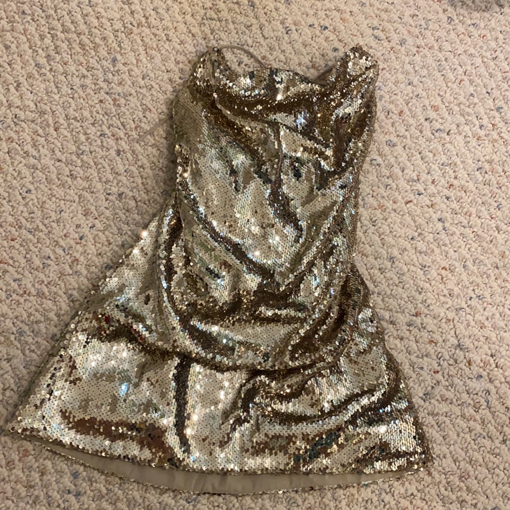 Gold sequin cowl neck dress